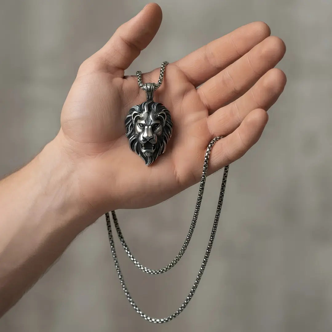 Lion Head Pendant Necklace – Stainless Steel Franco Chain (60cm) – Bold Strength & Leadership Statement Jewelry