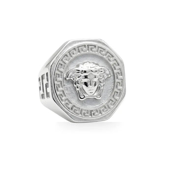 Silver Medusa Mythic Head Statement Signet Ring – Greek Key Octagonal Ring