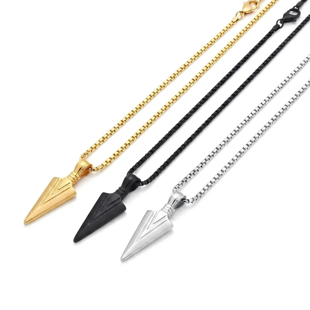 Arrowhead Pendant Necklace with Box Chain (Gold, Silver & Black Tone) – 52cm Geometric Statement Jewelry