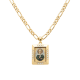 18K Gold Filled Holy Virgin Mary Rectangular Icon Pendant Necklace – Colored Enamel CZ Religious Medallion Figaro Chain Necklace for Women & Men