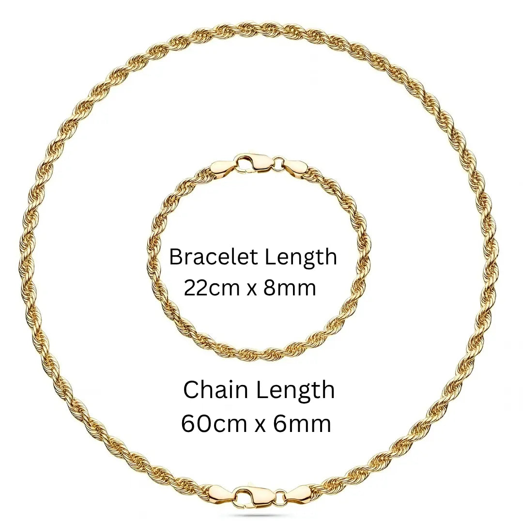 18K Gold Filled Rope Chain and Matching Bracelet Set (Unisex)