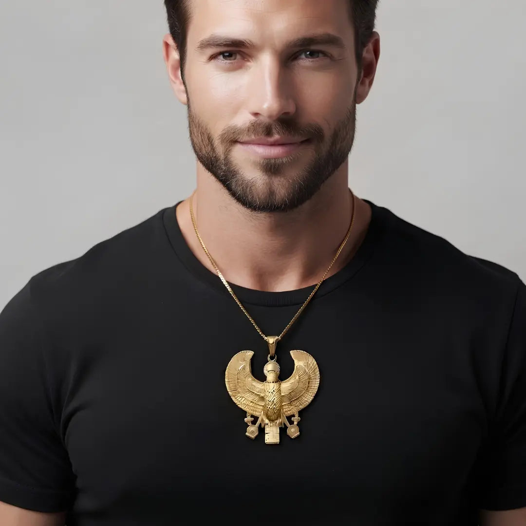 18K Gold Filled Winged Scarab Pendant Necklace – 60cm Box Chain Egyptian Statement Jewelry