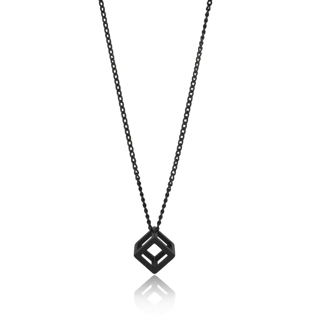 Geometric Cube Pendant Necklace – 60cm 3mm Curb Chain in Silver & Black