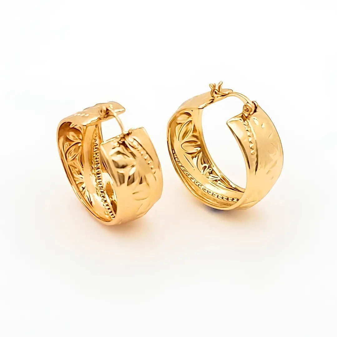 18K Gold Filled Polynesian Engraved Hoop Earrings – Pasifika Island Motif Statement Hoops
