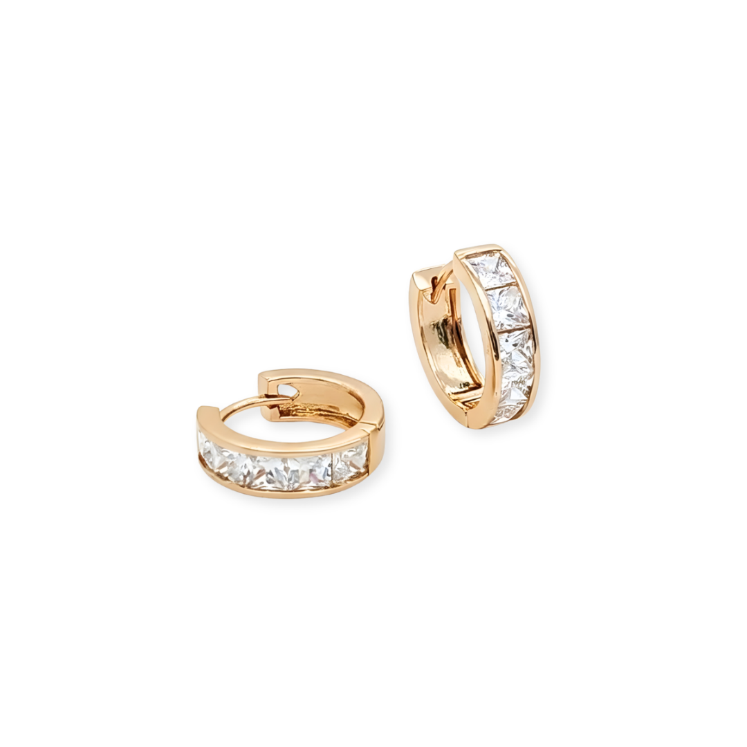 18K Gold Filled Princess-Cut CZ Channel Set Hoop Earrings – Wide Square Crystal Huggie Earrings for Women