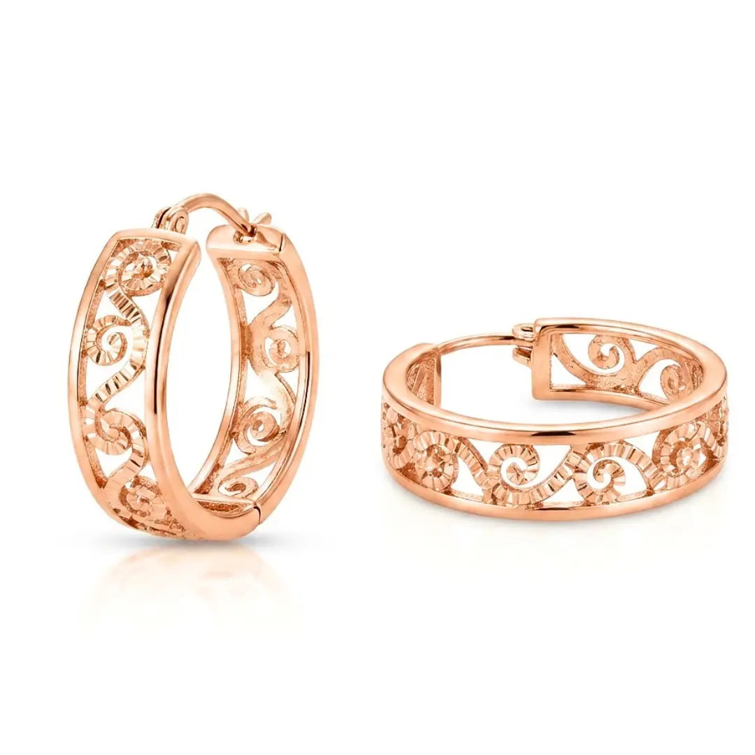 18K Rose Gold Filled Filigree Scroll Hoop Earrings – 20mm Etched Swirl Statement Hoops