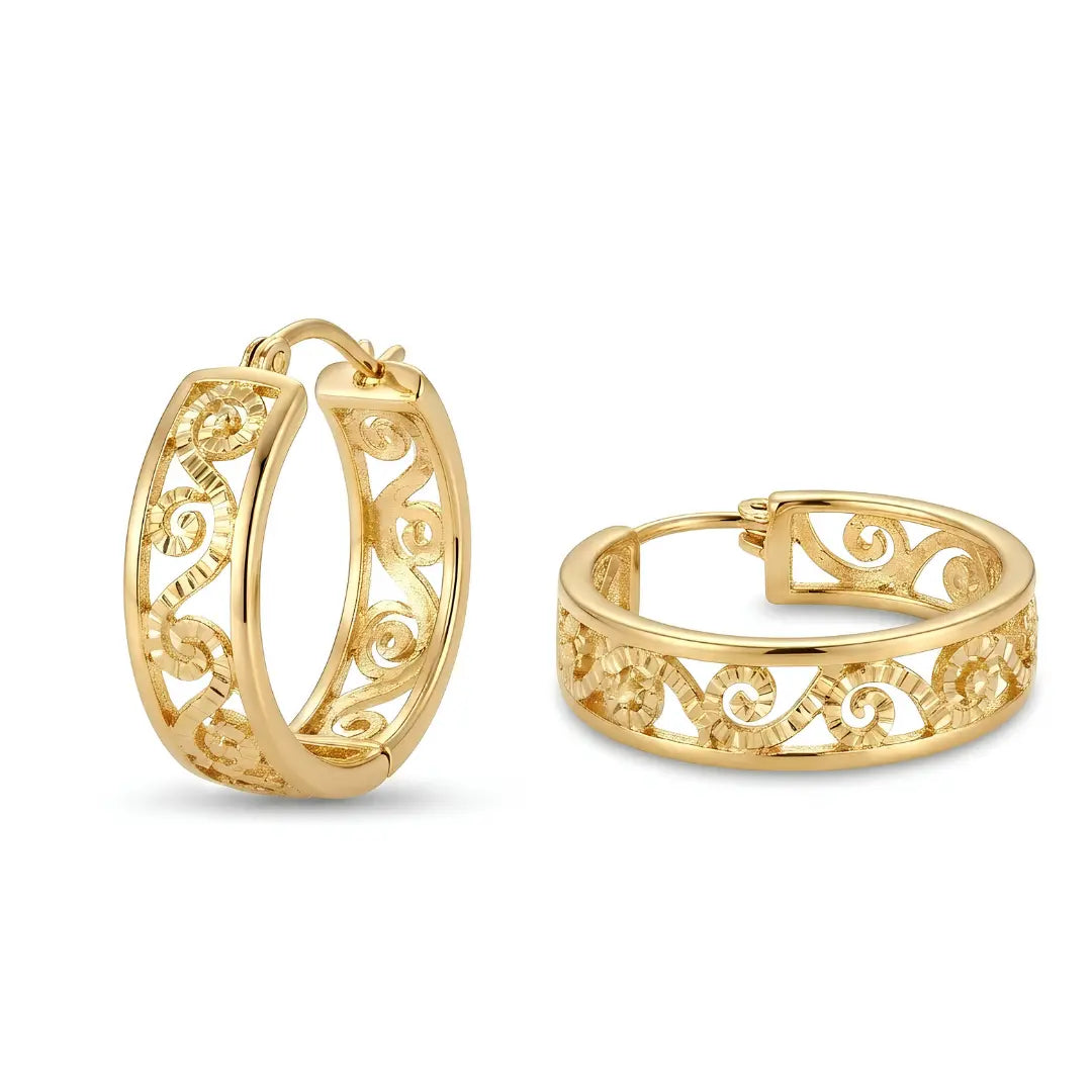 14K Yellow Gold Filled Filigree Scroll Hoop Earrings – 20mm Etched Swirl Statement Hoops