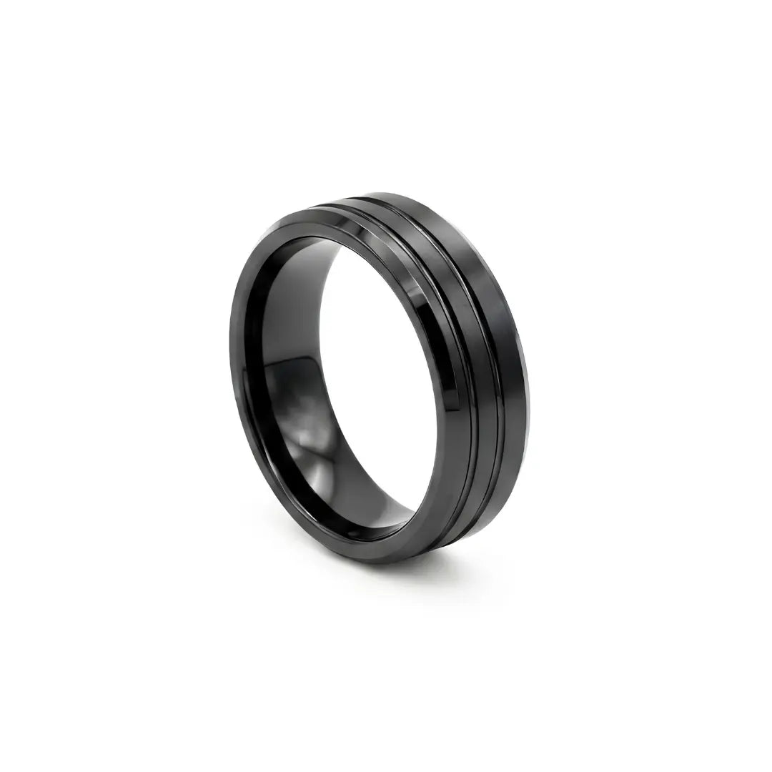 Tarnish-Proof Black Grooved Band Ring – Brushed Finish Step-Down Edge (US Sizes 9 & 10)