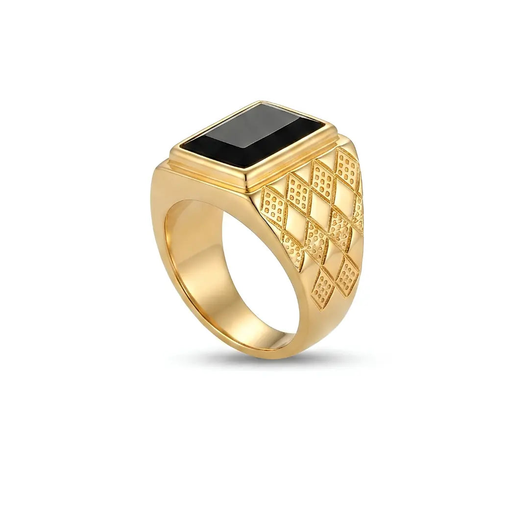 Black Onyx Signet Ring – Textured Square Face | Tarnish Proof (US Sizes 8, 9 & 10)