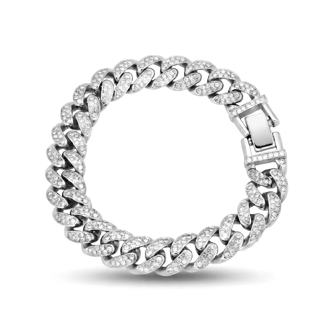 Silver Iced-Out Cuban Link Bracelet (21cm / 12mm) – Chunky Pavé Crystal Statement Wristband with Box Clasp