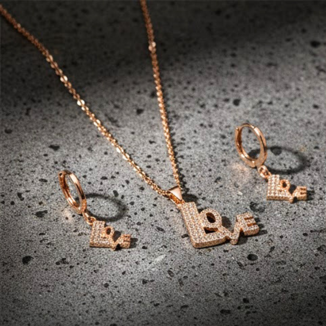 18K Rose Gold Filled LOVE Pendant Necklace With Earrings