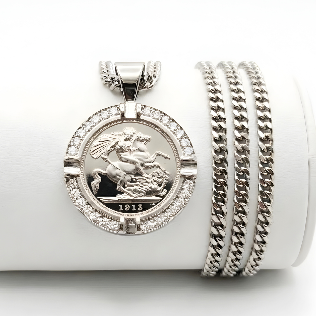 Silver  1913 Full Sovereign Pendant Necklace with Diamonds