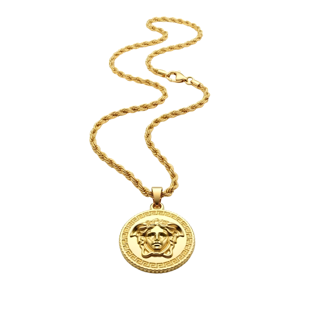 18K Gold Filled Iconic Greek Medusa Head Pendant Necklace – 25mm Medallion with Rope Chain