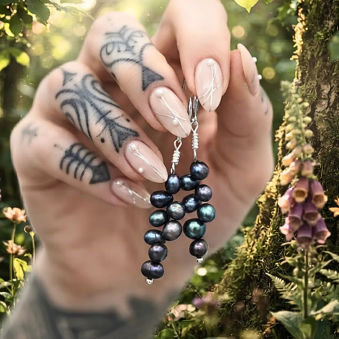 Dark Freshwater Pearl Cascade Drop Earrings – Peacock Iridescent Organic 50mm Dangle Earrings for Women