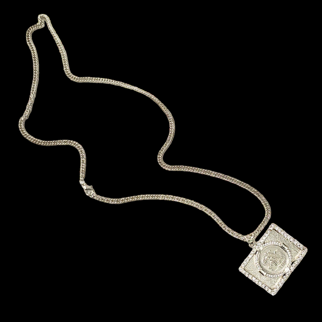 Silver Rhodium Plated Square Sovereign Pendant with CZ