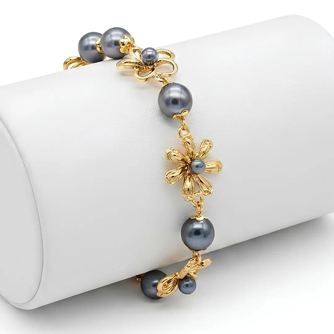 Gold Tone Dark Grey Pearl & Floral Link Bracelet – Nature-Inspired Openwork Flower Charm Bracelet (21cm + 5cm Extender) for Women