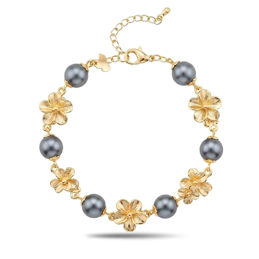 18K Gold Filled Grey Pearl & Plumeria Flower Bracelet – Tropical Hawaiian Floral Adjustable Charm Bracelet (20cm + 6cm) for Women