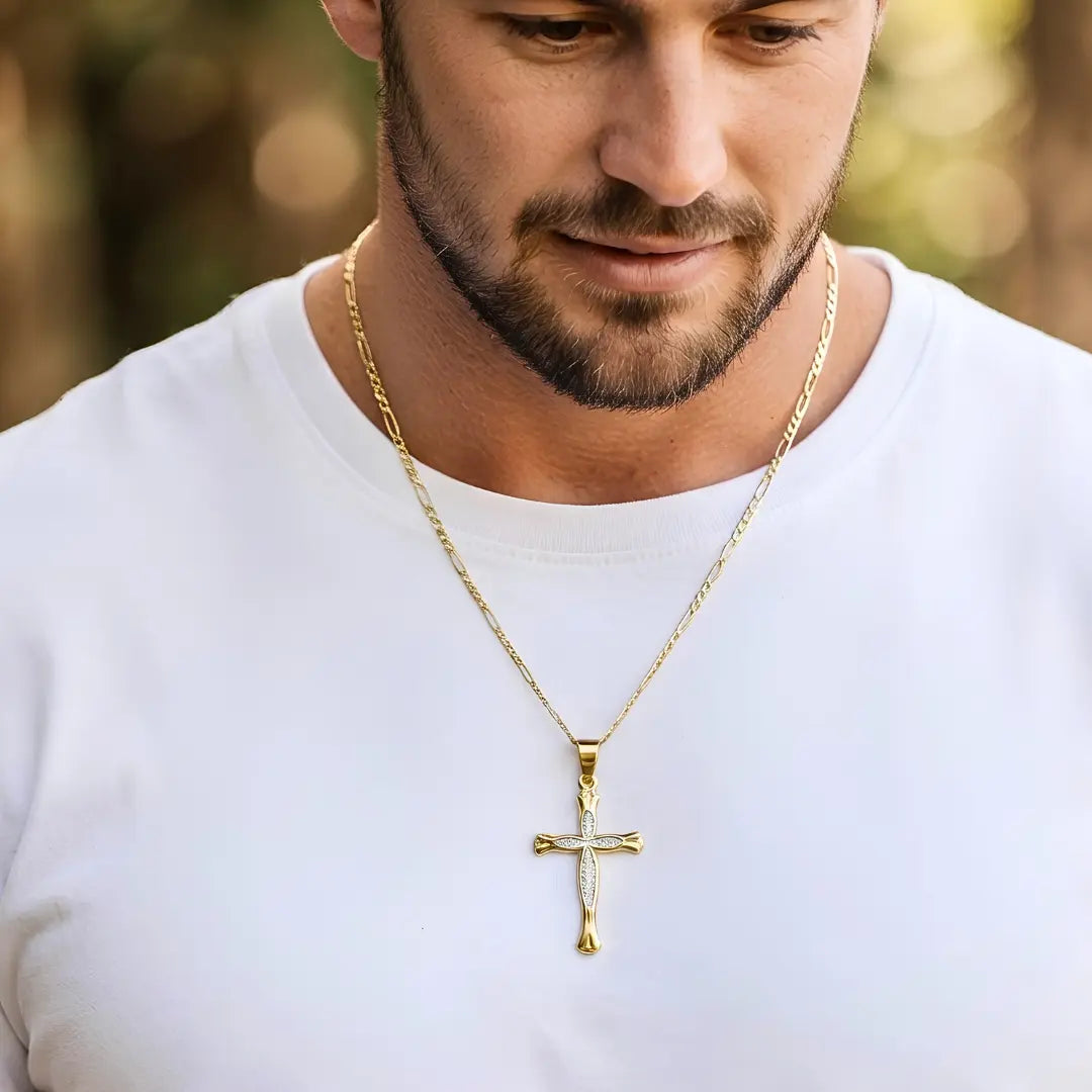 18K Gold Filled Pavé Cross Pendant Necklace – 58cm 2mm Figaro Chain Flared Cross Necklace for Men & Women