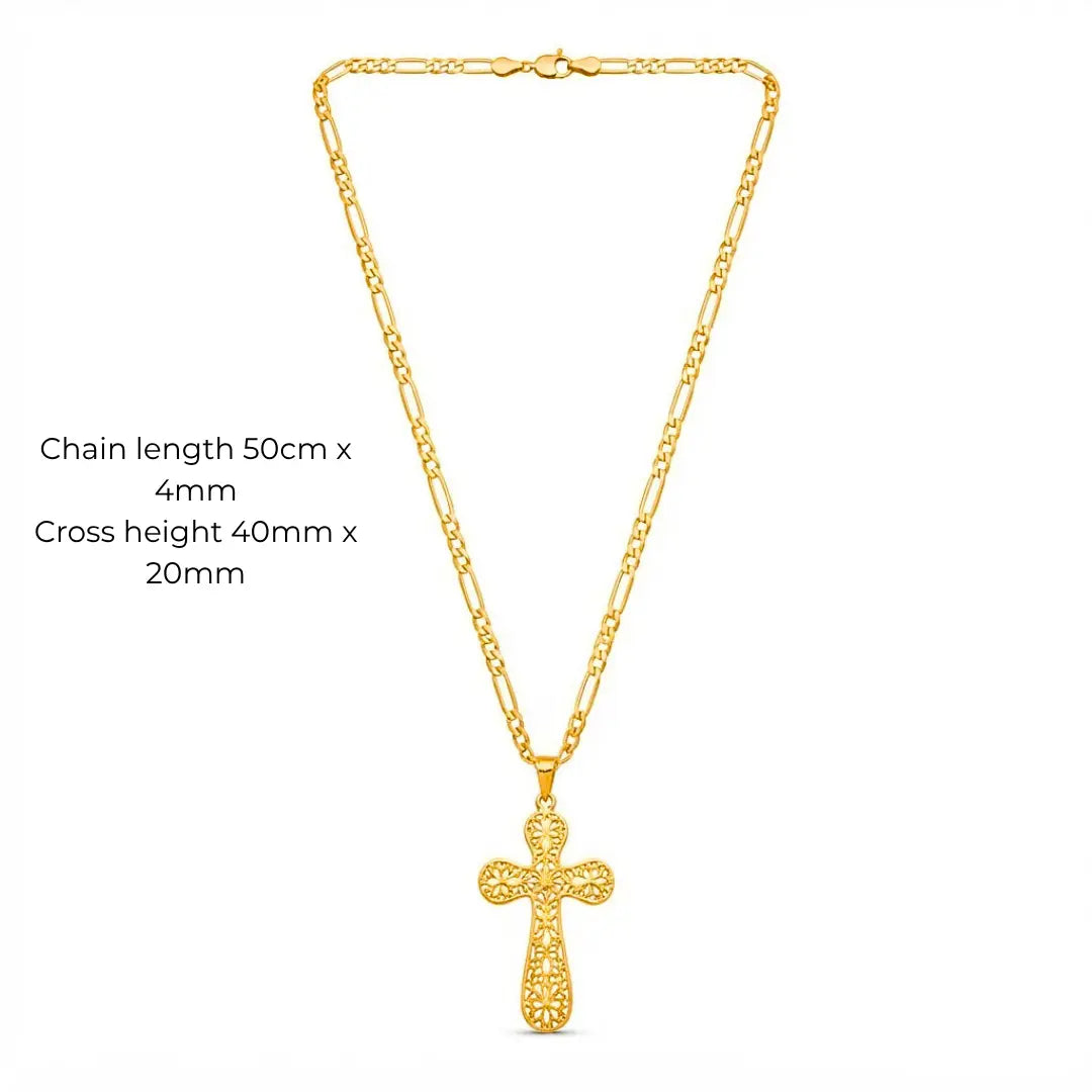 18K Gold Filled Filigree Crucifix Pendant Necklace – 50cm 4mm Figaro Chain Cross Necklace for Men & Women