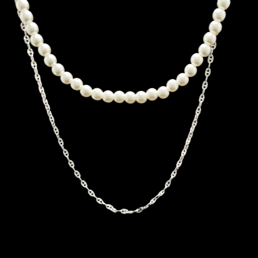 Silver Rhodium Plated Chain & Pearl Duo