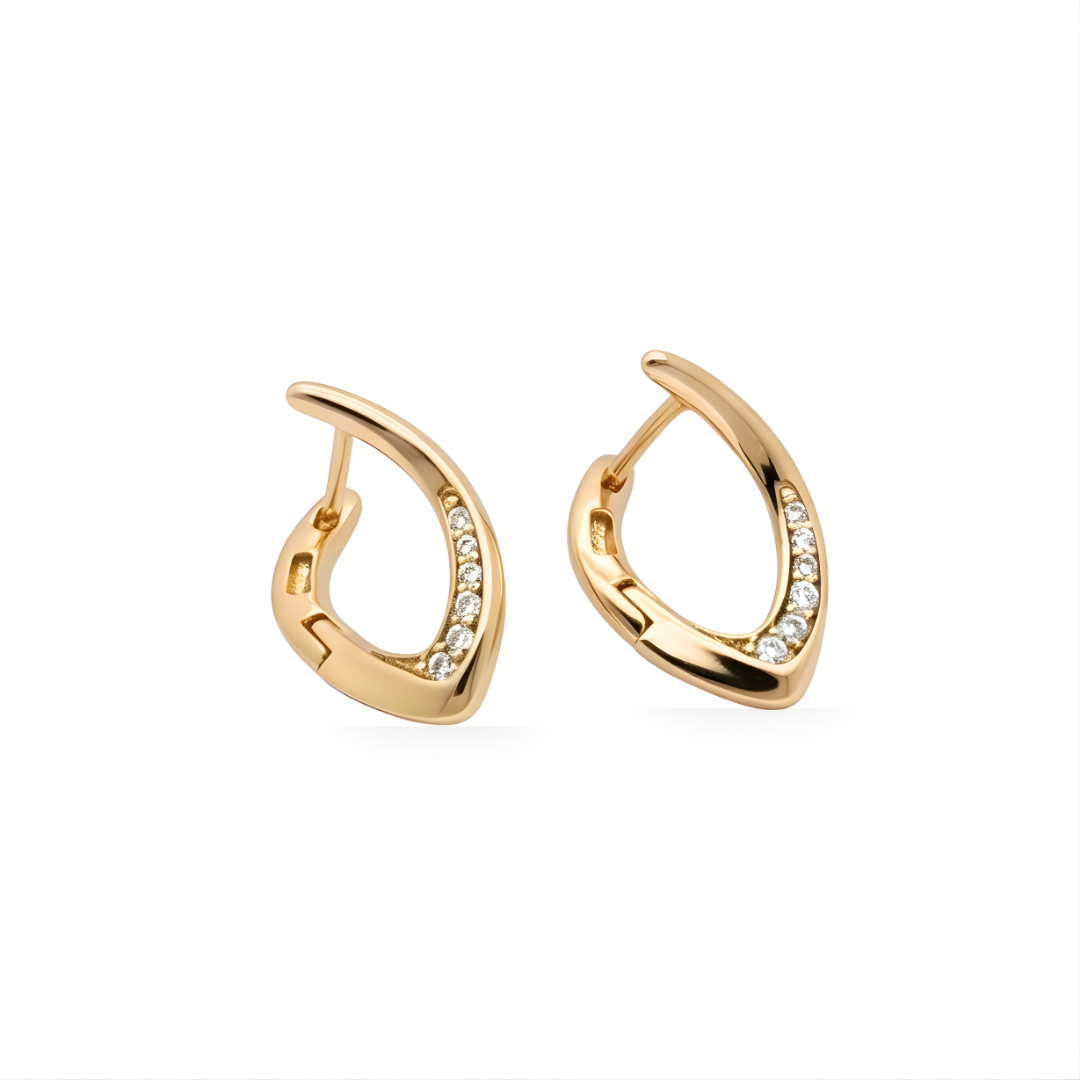 18K Gold Filled Curved Leaf Huggie Hoop Earrings with Diamonds – Pavé CZ Organic Marquise Gold Hoops for Women