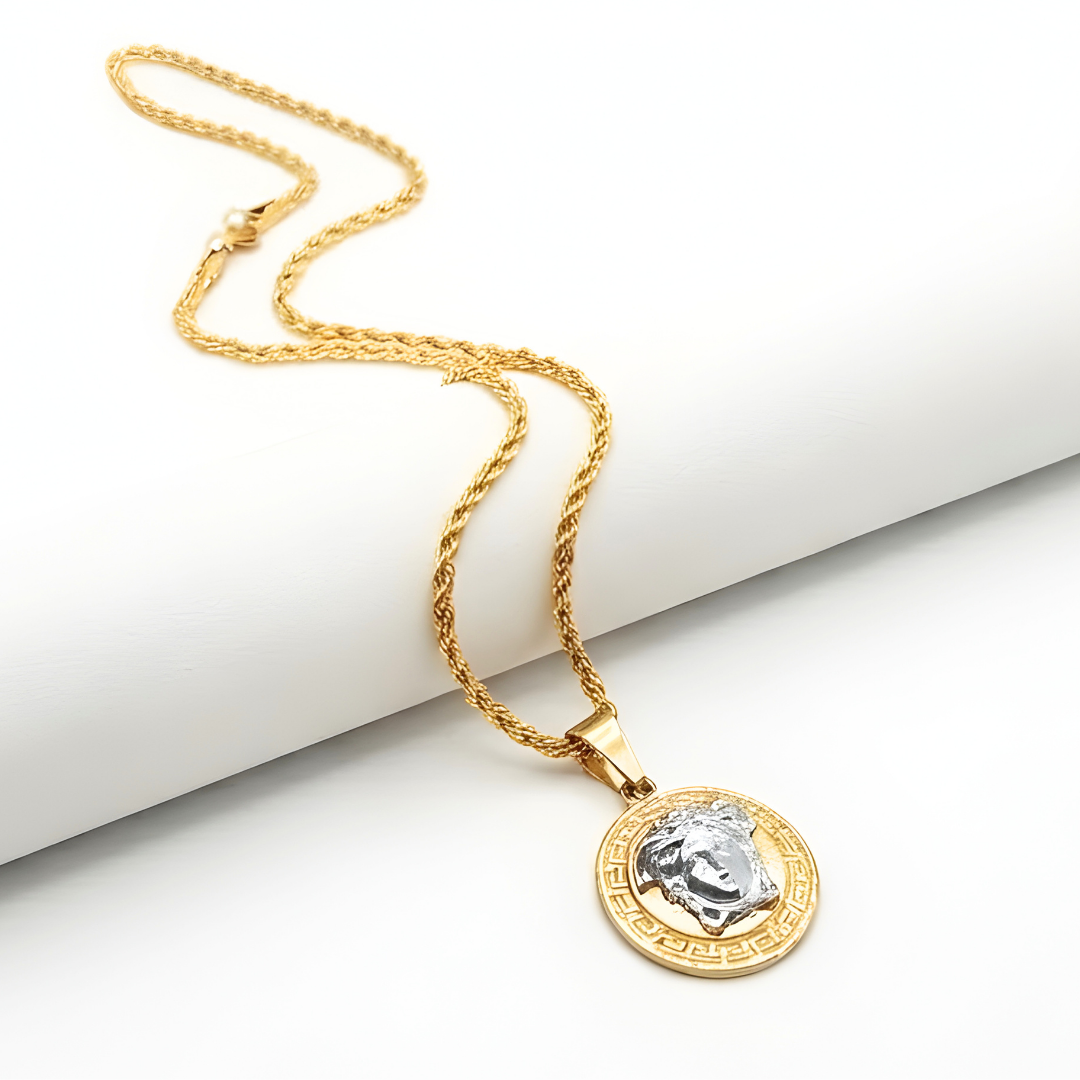 18K Gold Filled Dual Tone Greek Medusa Head Pendant Necklace – 25mm Medallion with Rope Chain