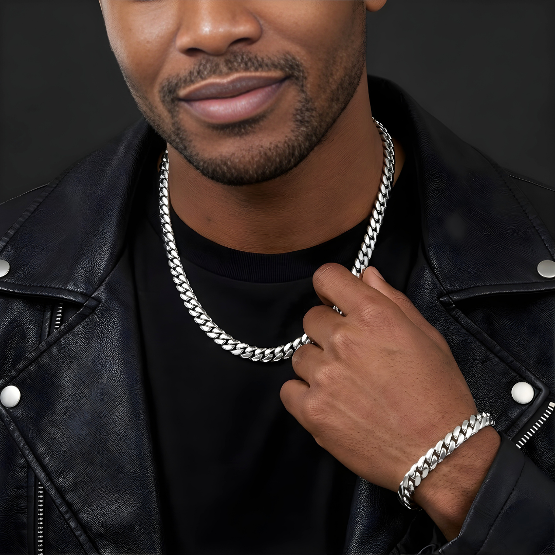 Silver  Cuban Link Chain & Bracelet Set