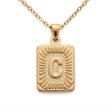 18K Gold Filled Initial Alphabet Pendant Necklace (A to Z) – Sunburst Rectangular Dog Tag Letter Necklace for Women