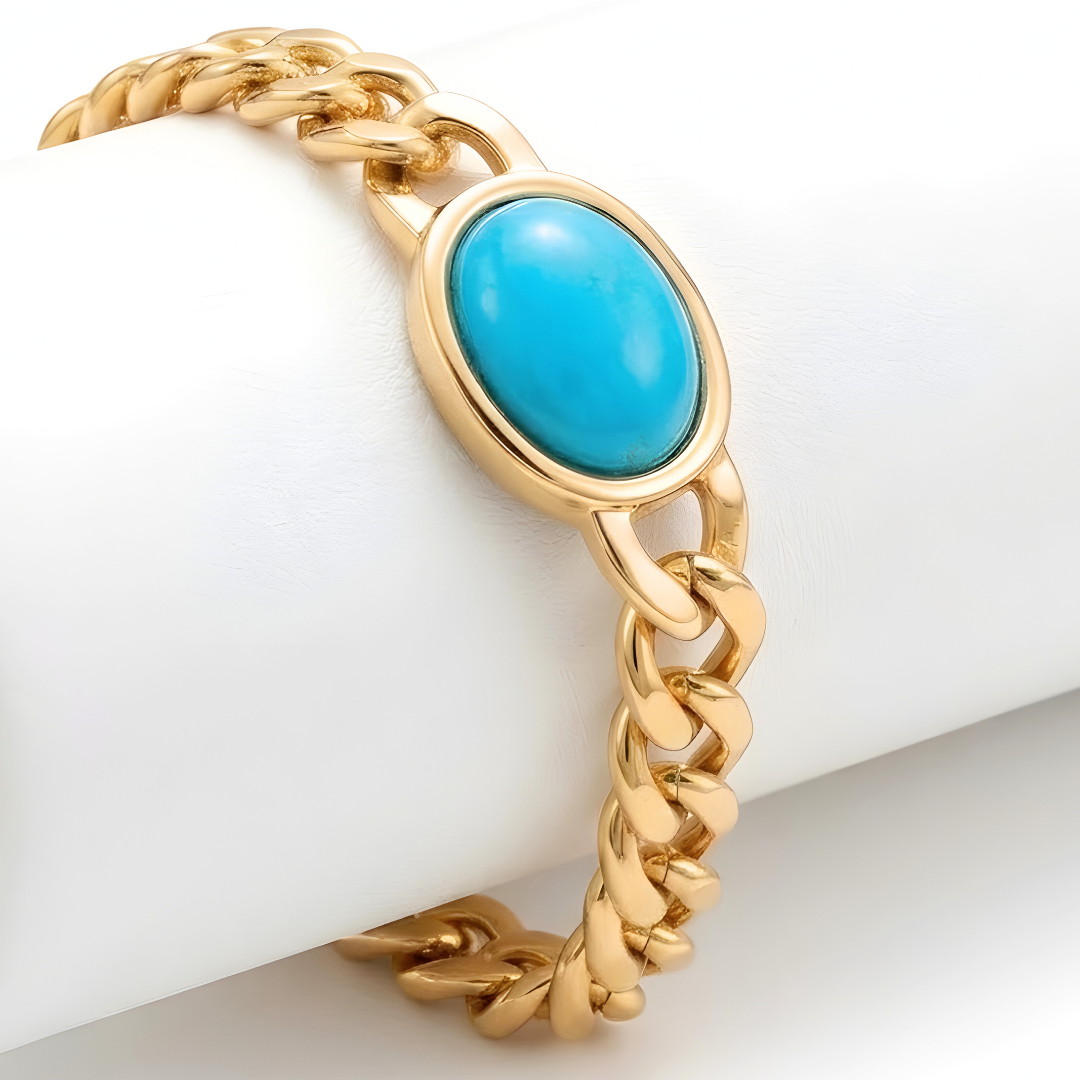 18K Gold Filled Curb Cuban Link Turquois  Bracelet