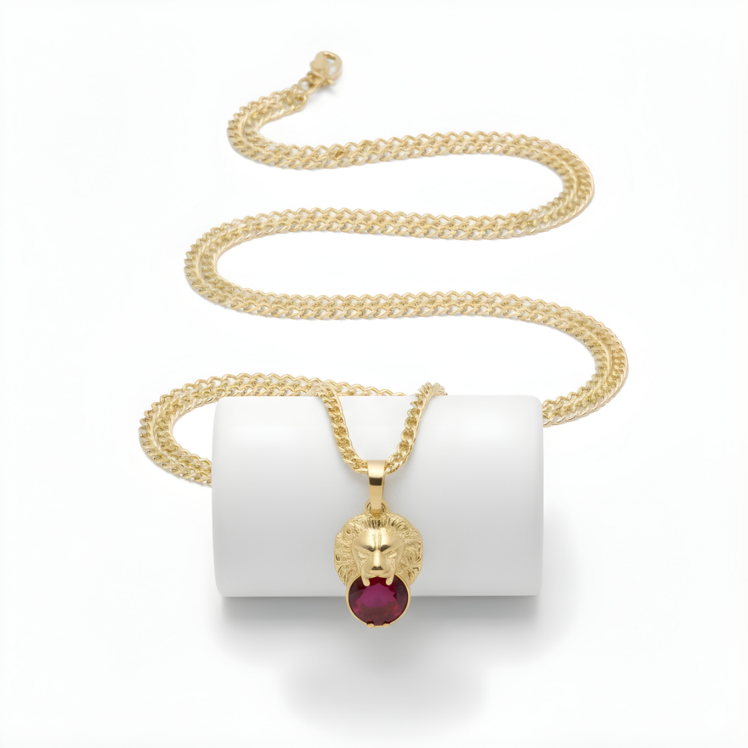18K Gold Filled Lion Head Ruby Gemstone Pendant Necklace – Sculpted 3D Lion Holding Oval Ruby CZ Curb Chain Necklace for Men & Women