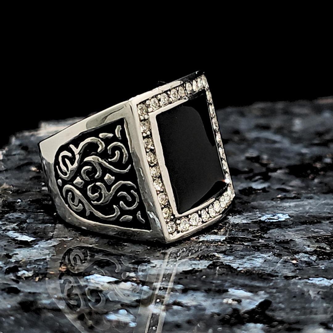 Men's Black Onyx Stainless Steel Non Fading square ring with CZ