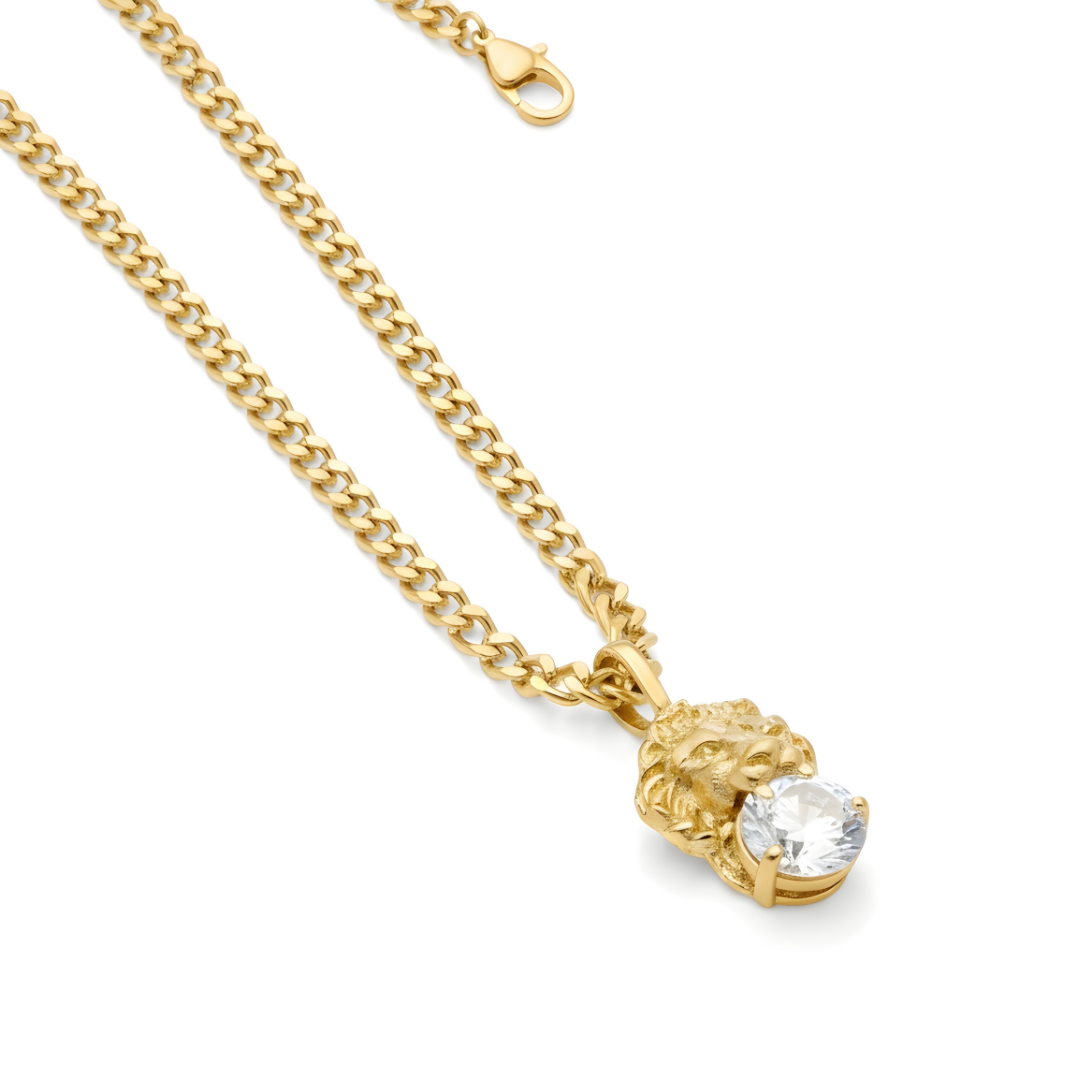 18K Gold Filled Lion Head Pendant Necklace with Solitaire Crystal – Unisex Curb Chain Fine Jewelry