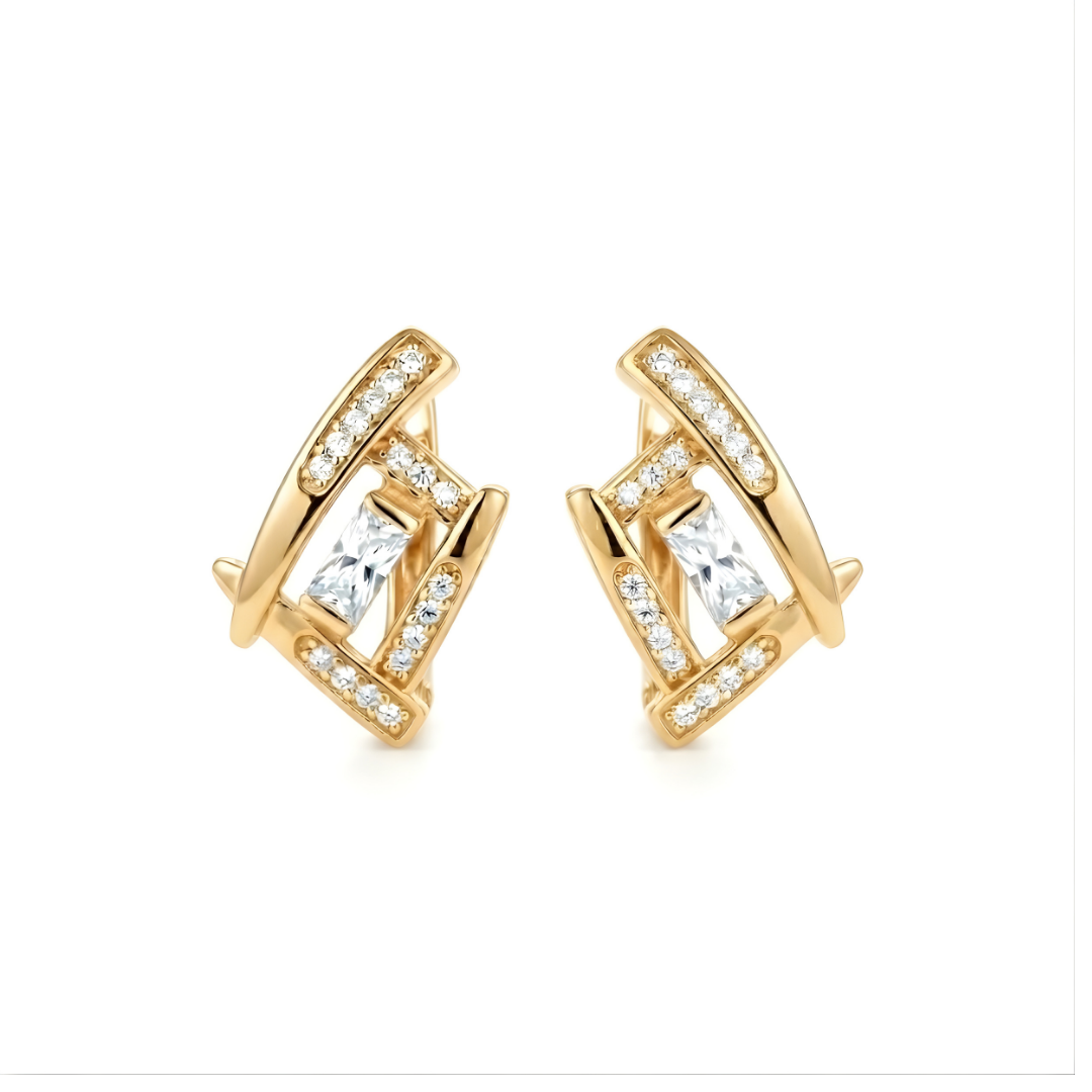 18K Gold Filled Geometric Square Huggie Earrings – Baguette & Pavé Cubic Zirconia Openwork Hoop Earrings