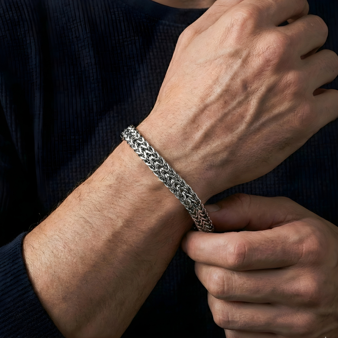 Silver Woven Wheat Chain Bracelet for Men (23cm) – Heavyweight Intricate Mesh Franco Link Bracelet