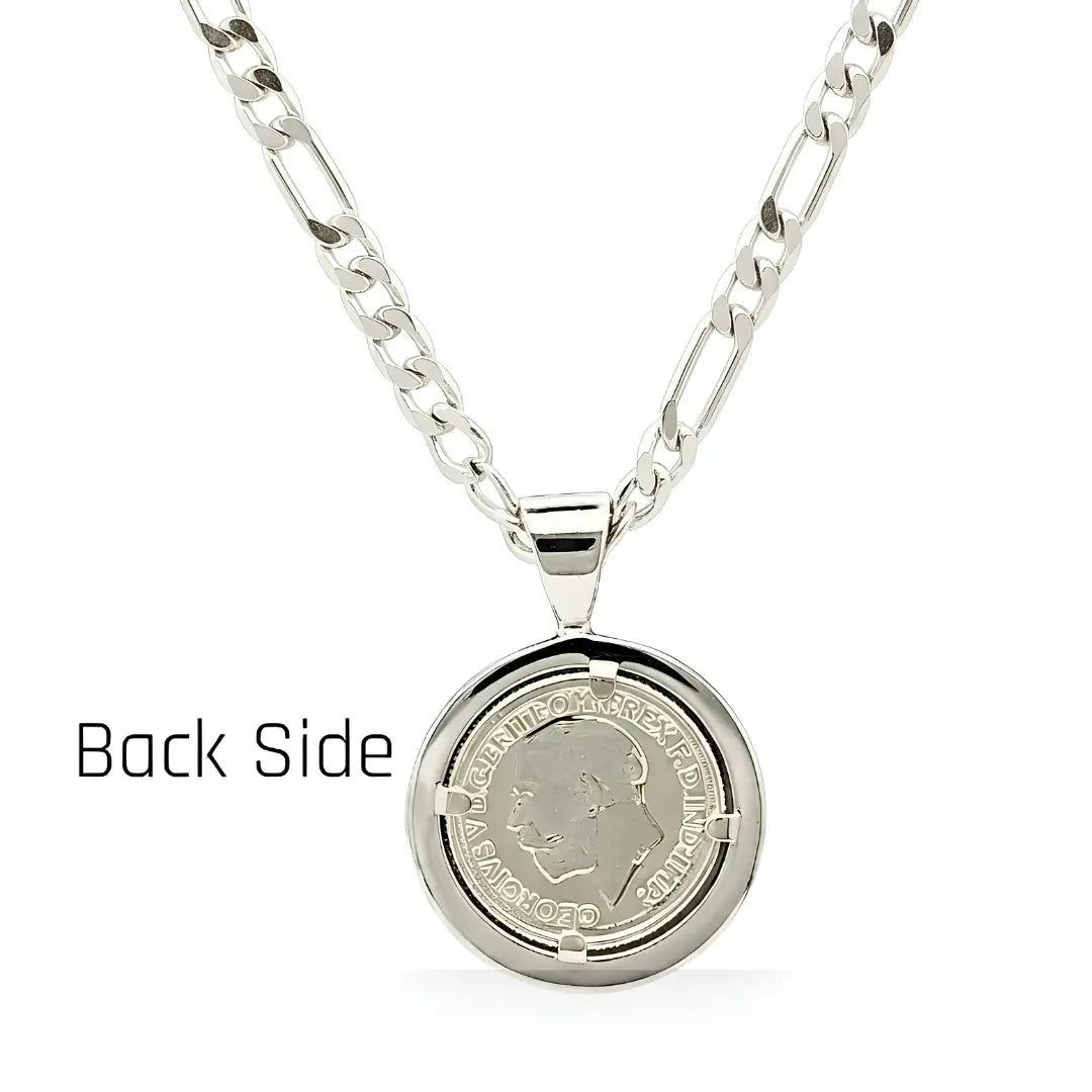 1913 Sovereign Coin Pendant Necklace in Silver Rhodium Plated Tarnish-Proof Finish with Figaro Chain