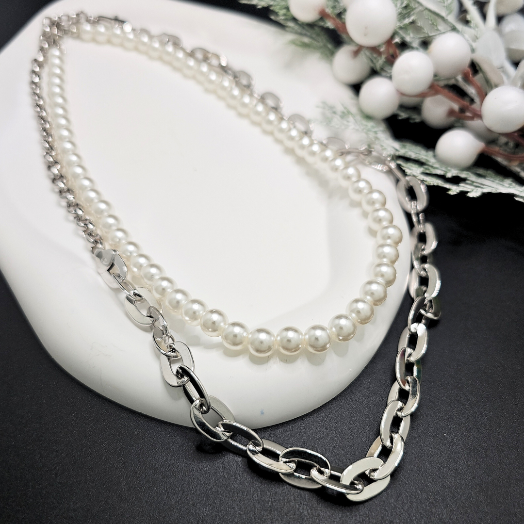 Silver Large Links Chain Duo Necklace