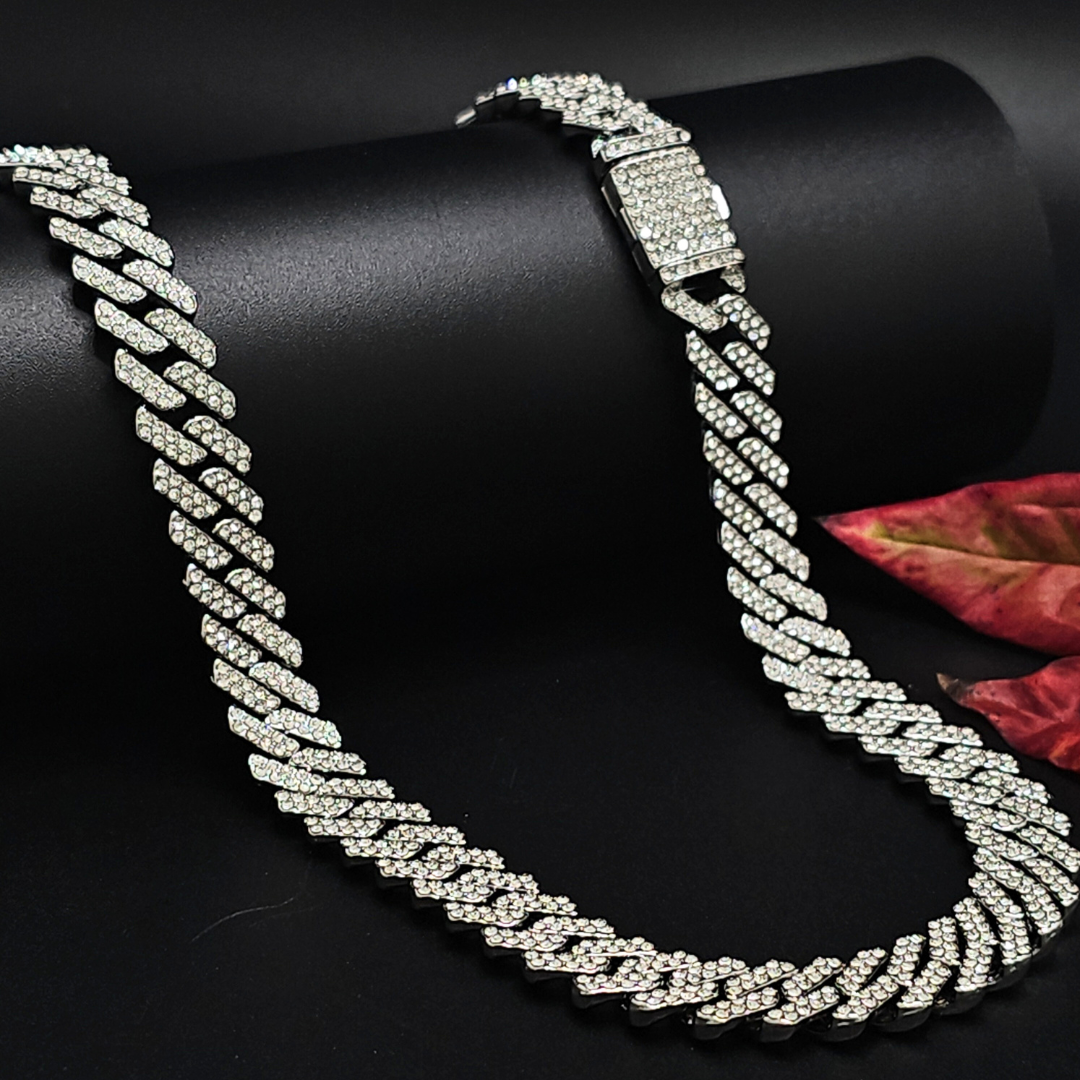 Silver Rhodium Plated Iced-Out Cuban Link Chain