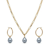18K Gold Filled Figaro Chain Necklace & Drop Hoop Earrings Set – Freshwater Baroque Pearl Jewelry Suite, 60cm + 5cm Extension