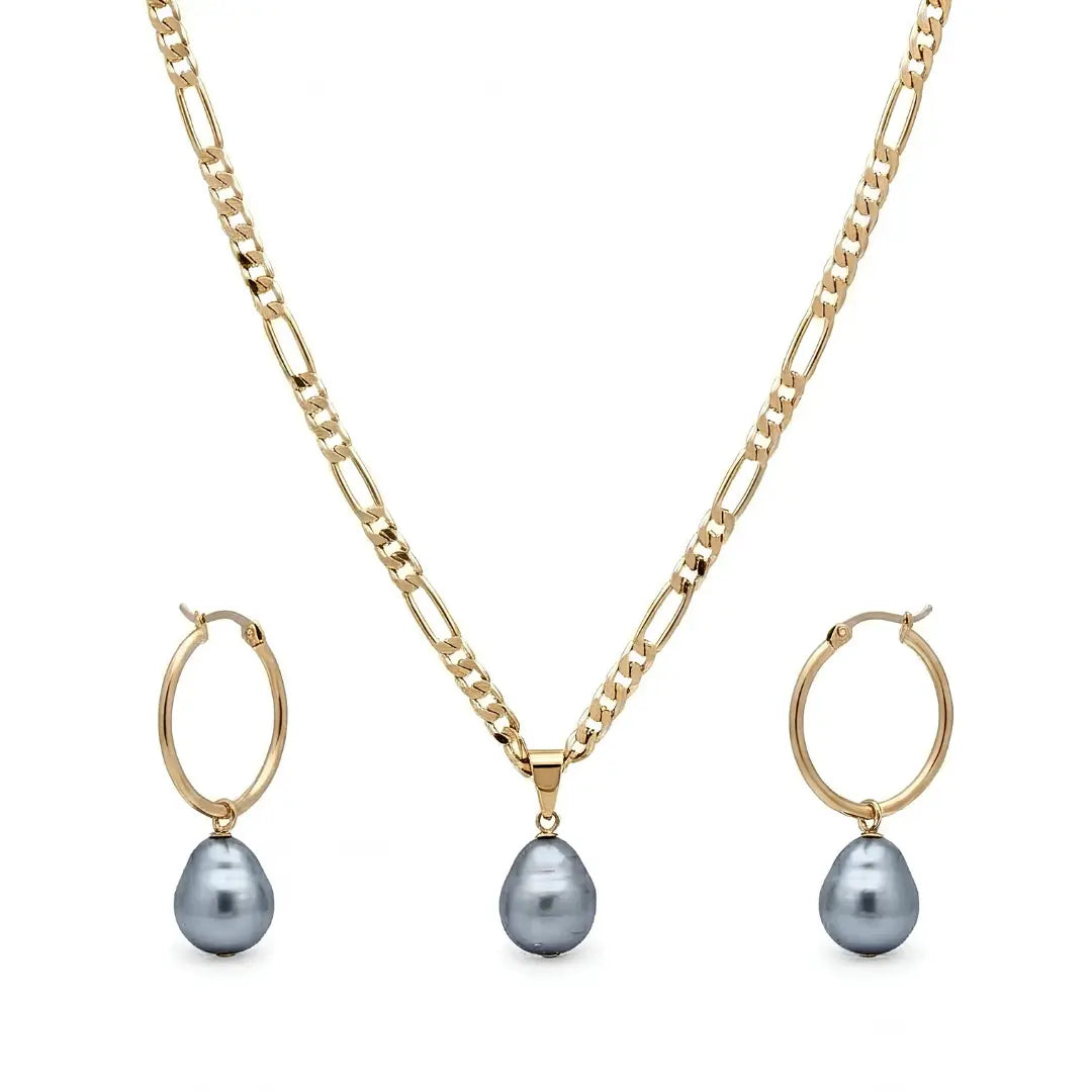 18K Gold Filled Figaro Chain Necklace & Drop Hoop Earrings Set – Freshwater Baroque Pearl Jewelry Suite, 60cm + 5cm Extension