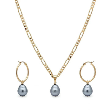 18K Gold Filled Figaro Chain Necklace & Drop Hoop Earrings Set – Freshwater Baroque Pearl Jewelry Suite, 60cm + 5cm Extension