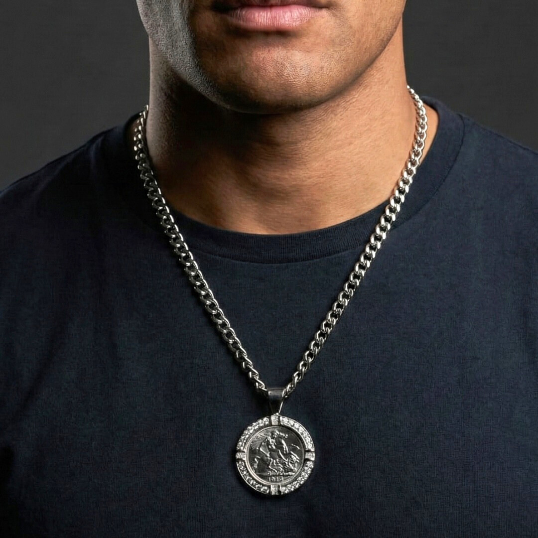 Silver  1913 Full Sovereign Pendant Necklace with CZ