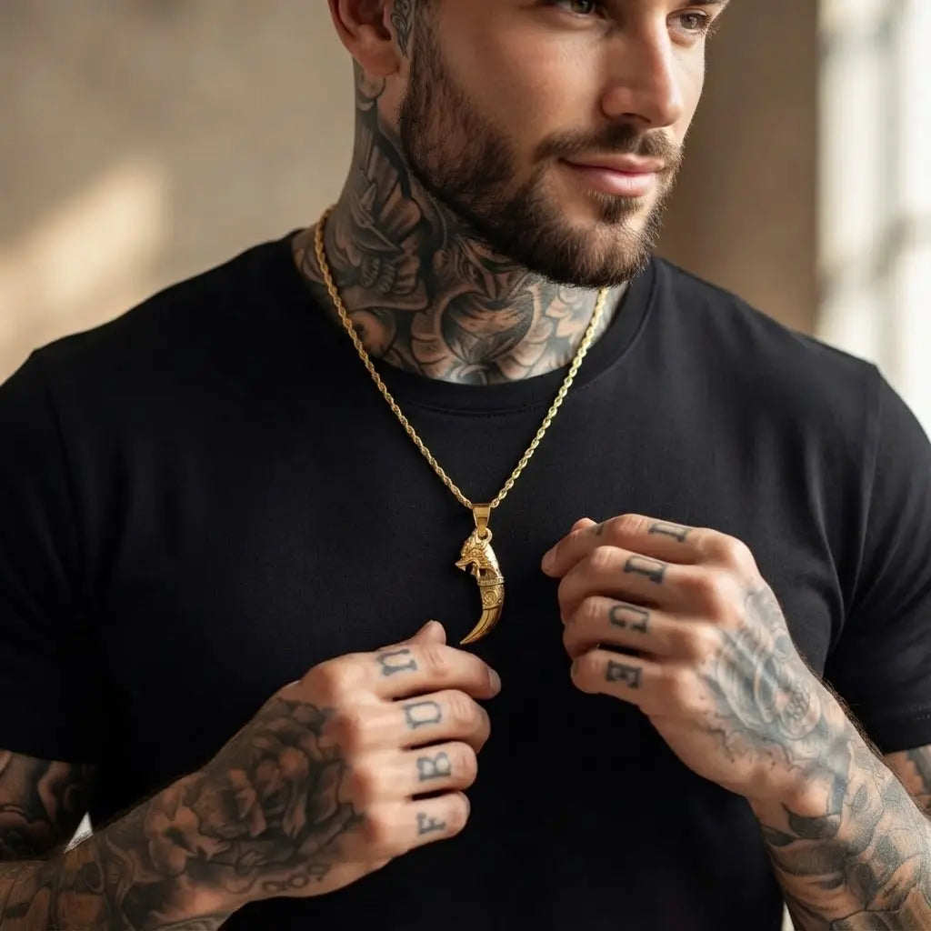 18K Gold Plated Dragon Tooth Pendant Necklace for Men – 54cm Rope Chain with 5cm Cable Extension & Lobster Clasp