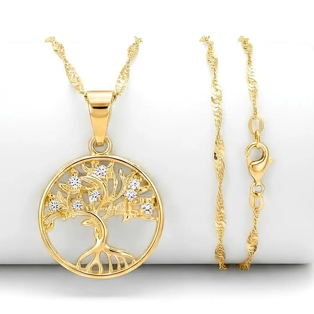 18K Gold Filled Tree of Life Pendant Necklace – 60cm 2mm Twisted Rope Chain CZ Medallion Necklace for Women & Men