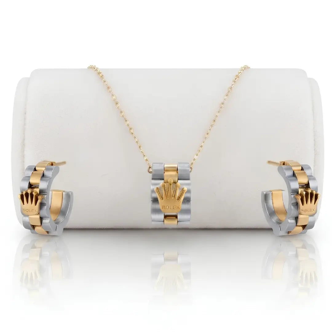 18K Gold Filled Two-Tone Crown Pendant Necklace & Hoop Earrings Set – 60cm Cable Chain & 18mm Matching Hoops for Women & Men
