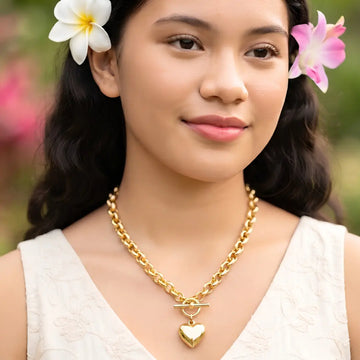 18K Gold Filled Belcher Chain Heart Pendant Necklace – 60cm 8mm Rolo Chain with Front Toggle Clasp for Women & Men