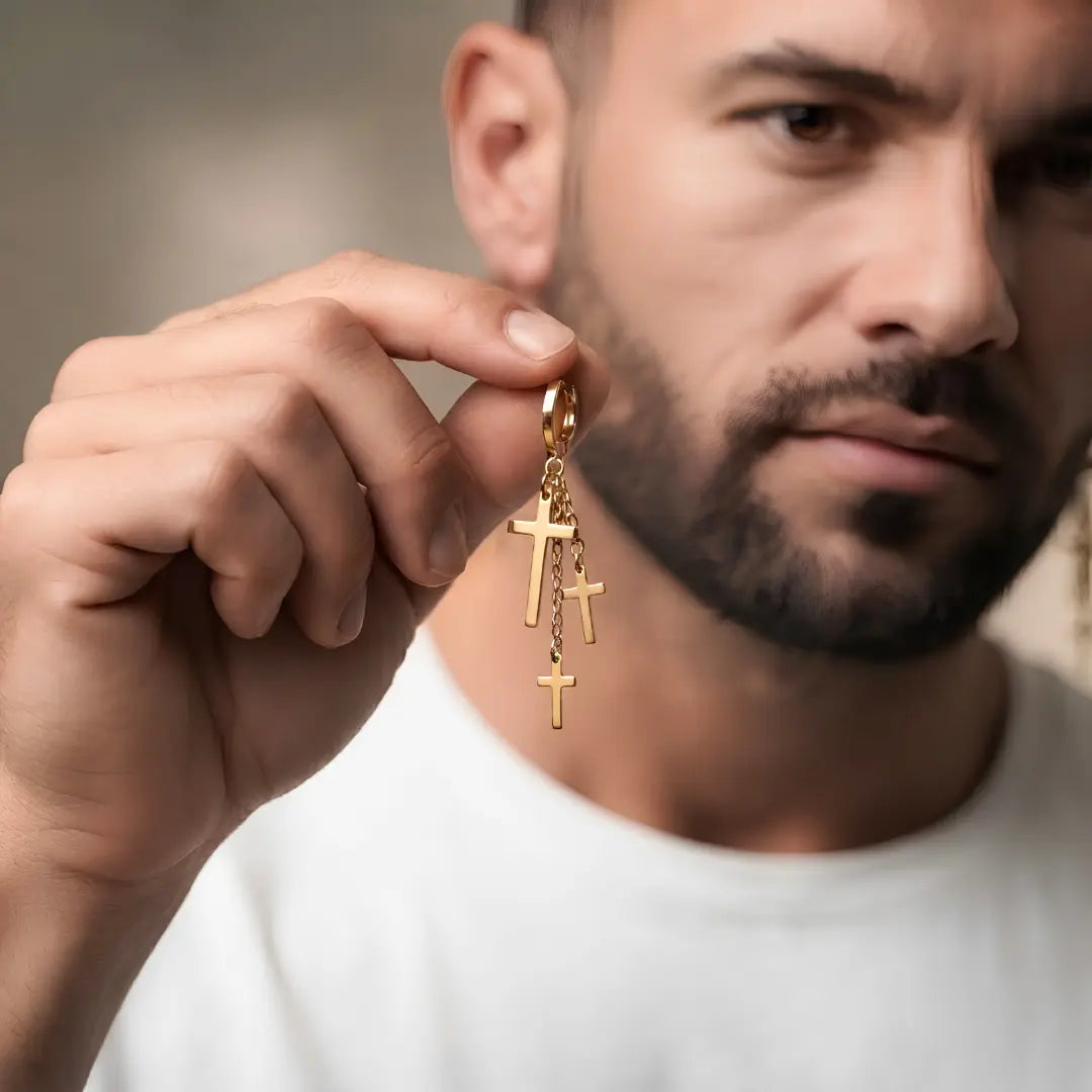 18K Gold Filled Multi-Cross Dangle Hoop Earrings – 55mm Cascading Cross Huggies for Women & Men