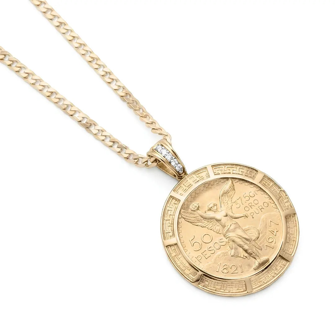 14K Gold Filled Mexican 50 Pesos Centenario Coin Pendant Necklace – 60cm 6mm Curb Chain Greek Key Medallion for Men & Women