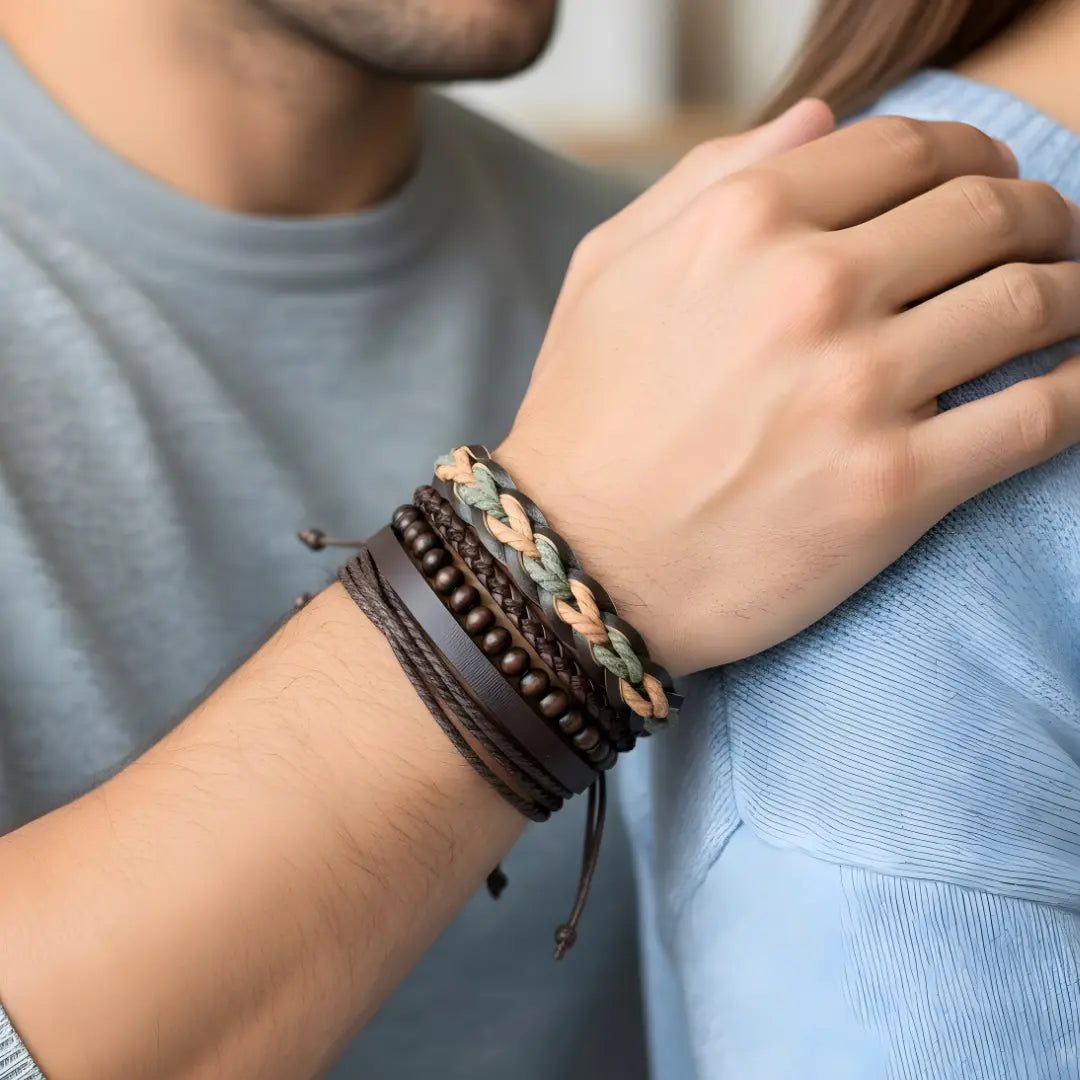 Men’s Multi-Strand Braided PU Leather & Wooden Bead Bracelet Set – Stackable Rustic Cord Bracelet