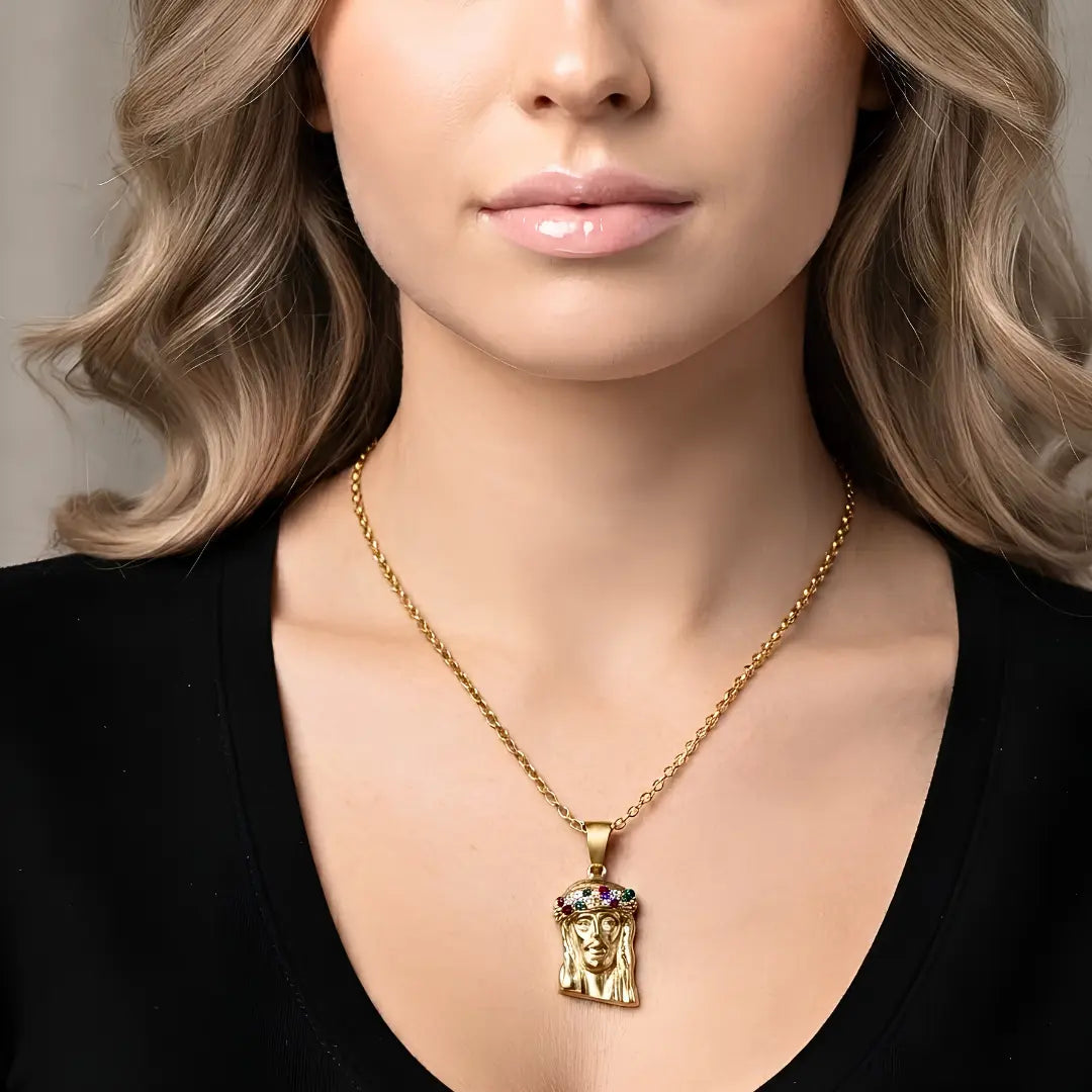 18K Gold Filled Jesus Piece Pendant Necklace – 35mm x 18mm Multicolor Cubic Zirconia Crown with 60cm x 2mm Chain for Men & Women
