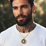 14K Gold Tone Greek Key Medallion Pendant Necklace – 28mm x 28mm Contrasting Round Pendant with 66cm x 3mm Chain for Men